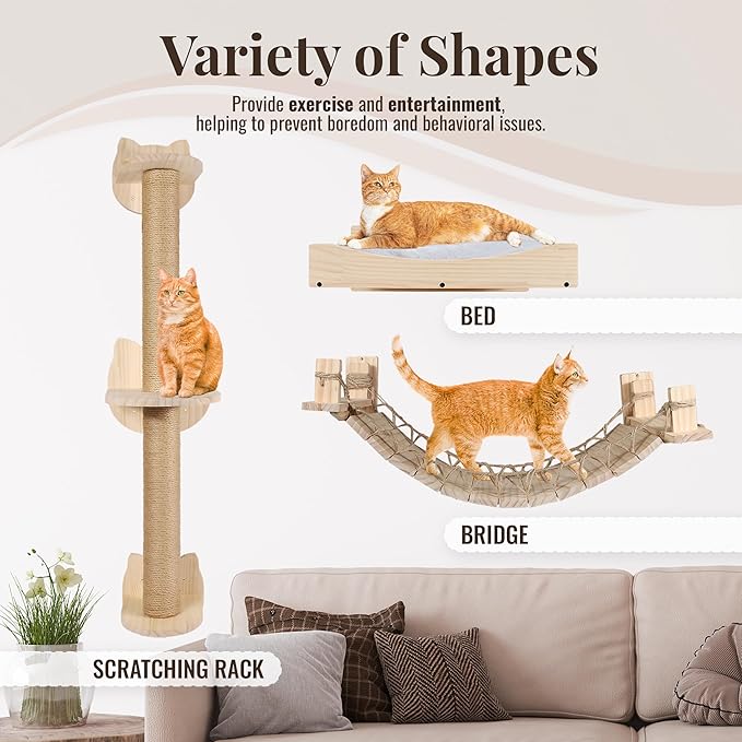 Cat Wall Shelves with Plush Perch - Easy Install - Cat Shelves for Wall Large Cats Set 3 in 1 - Perfect Furniture for cat Wall Climber - Includes Bed, Gym & Bridge
