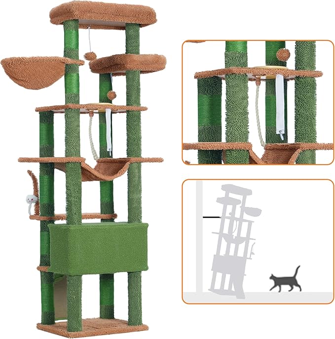 Heybly Tall Cat Tree,78 inch Multi-Level Cat Tower for Indoor Cats,2 Widened Plush Perches Cat Condo with Scratching Board and Big Caves HCT033CA