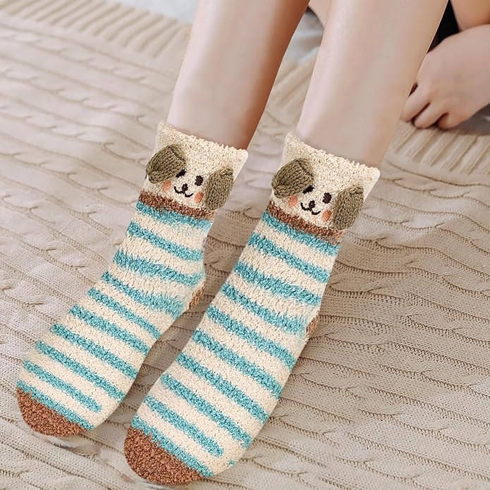 3-6 Pairs Womens Fuzzy Socks Cozy Fluffy Slipper Socks Cute Soft Cat Animal Winter Warm Sleep Socks Gifts