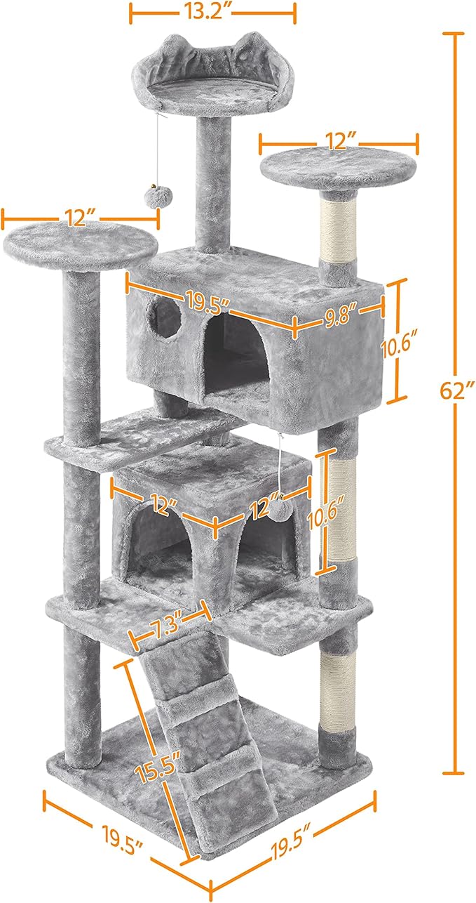 Yaheetech 62in Cat Tree Cat Tower for Indoor Cats, Cat Furniture w/Double Cat Condo, Scratching Posts, Multiple Platforms and Balls for Kittens & Cats, Light Gray