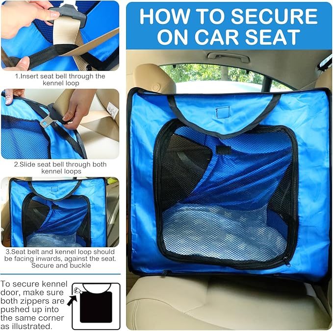 37 Inch Portable Cat Dog Crate with Mat Liner Pop up Dog Kennel Pet Tent Car Seat Travel Kennel Bed for Indoor Outdoor Waterproof Pet Crate Cage for Large Cat Medium Puppy Camping(Blue)