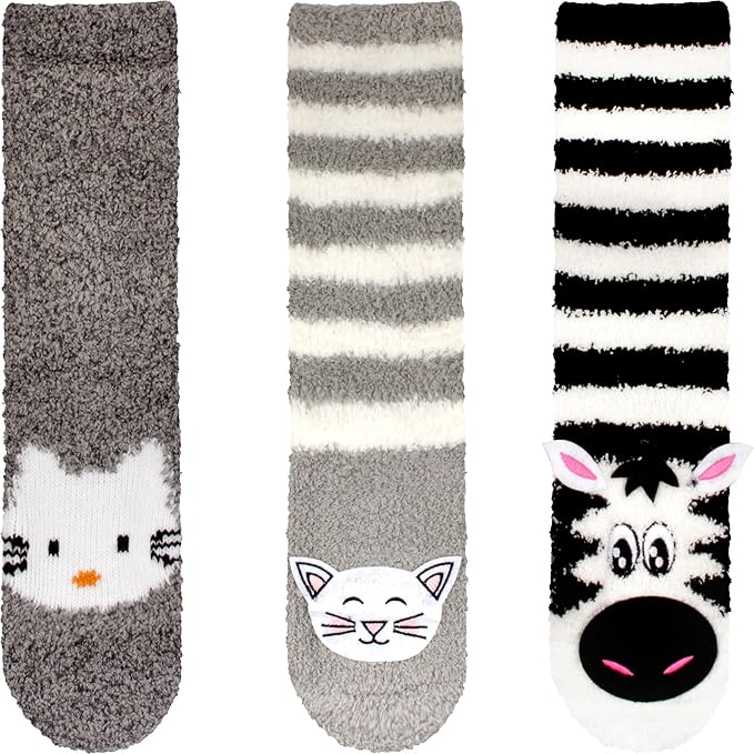 BambooMN Super Soft Warm Cute Animal Face Non-Slip Fuzzy Crew Winter Home Socks, Value Pack