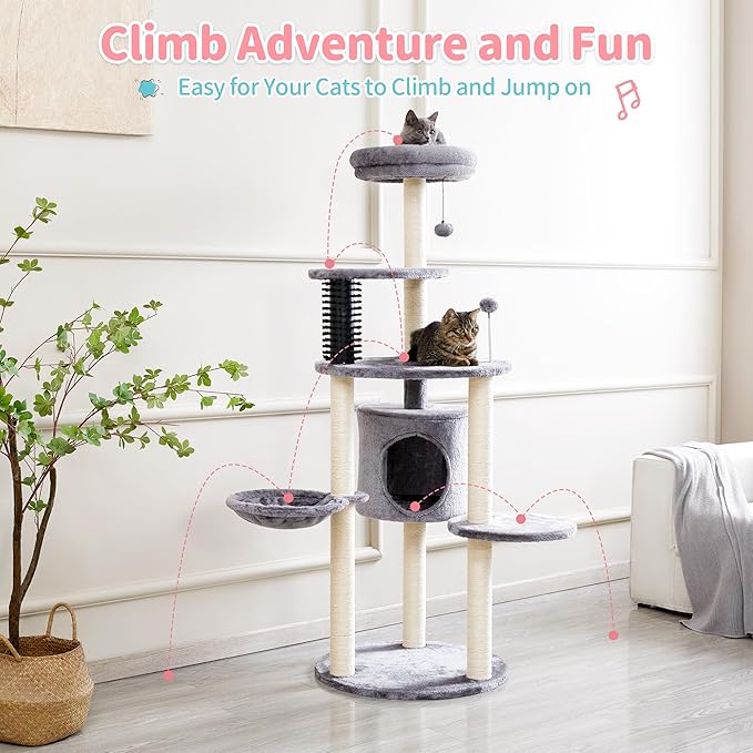 Made4Pets Cat Tree for Indoor Cats, 60.2 inch Large Cat Tower with Soft Hammock, 5-Level Tall Cat Condo, Sisal Scratch Posts, Pompoms, Carpet Covered Cat Climbing Furniture for Small Cats and Kittens