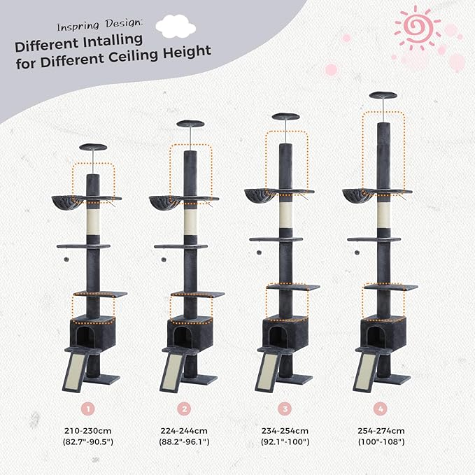 PETEPELA Floor to Ceiling Cat Tree, Cat Tower 5 Tiers Tall (83-108 Inches) Adjustable Height, Cat Climbing Tree Featuring with Cat Condo, Cat Scratching Post and Cat Perches for Indoor Cats, Daek Grey