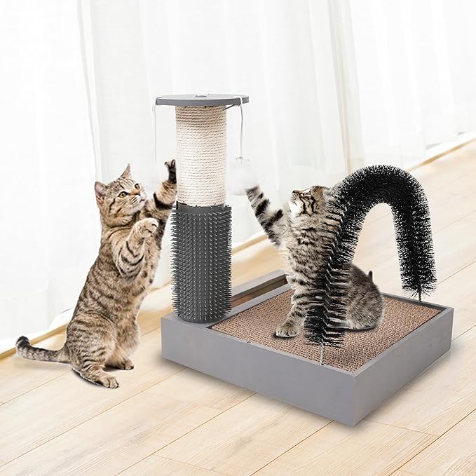 Cat Scratching Post with Cat Tower Tree and Cats Arch Self Groomer Massager Brush Kitty Ball Toys for Kittens,Cat Posts and Scratchers for Indoor Pets,Interactive Toy with Ball Track Spring Ball…