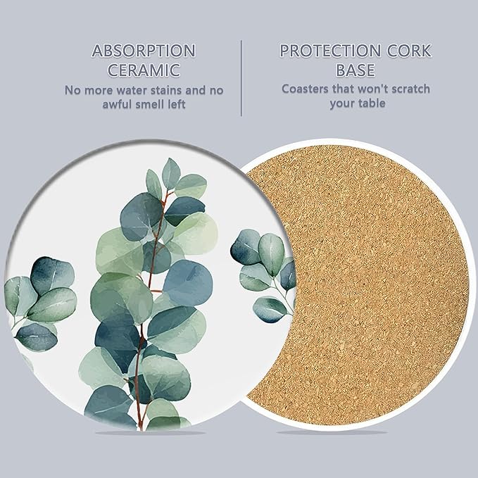 6 Pcs Coasters for Drinks with Holder, Green Leaves Absorbent Ceramic Coasters with Cork Base,Cute Funny Table Drinks Coasters Tabletop Protection Mat,Table Home Decor,4 Inches