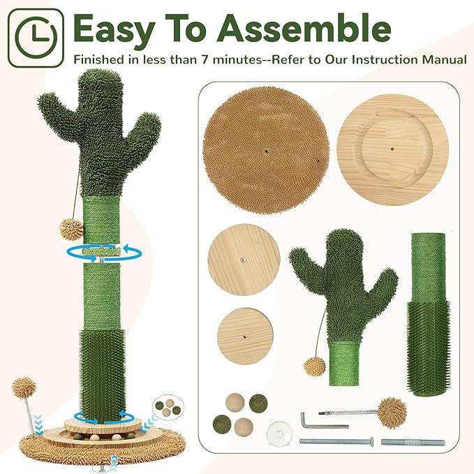 OTOB 36" Tall Cat Scratching Post, Natural Sisal Rope Cactus Scratcher Post, Vertical 6-in-1 Interactive Turntable Cat Scratch Post with Soft Ball Toys, Protect Your Furniture for All Indoor Cats