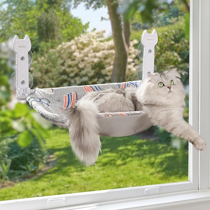 Cat Window Perch, Glow in The Dark Foldable Cat Hammock with Sunken Design & Removable Soft Cover, Breathable Cordless Window Bed for Resting Indoor Kitten (Grey, 1 Pack)