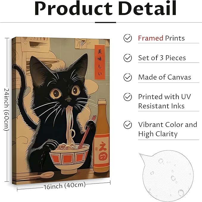 3Pcs Framed Japanese Funny Black Cat Canvas Wall Art Vintage Cat Eating Ramen Posters Prints Edo Period Ramen Cat Pictures Unique Kitchen Painting Dining Wall Decor Animal Lover Gift 12x16in