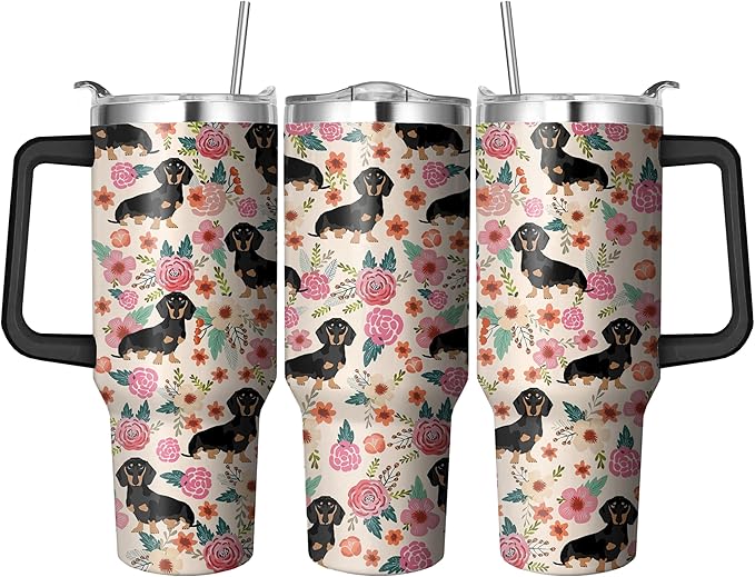 40 Oz Dachshund Tumbler With Handle and Straw, Double Wall Stainless Steel Mug, Coffee Mug for Dog Lovers, Dad or Mom Tumbler, Gifts for Women and Men