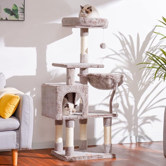 Heybly Cat Tree with Toy, Cat Tower condo for Indoor Cats, Cat House with Padded Plush Perch, Cozy Hammock and Sisal Scratching Posts, Muchroom HCT004MU