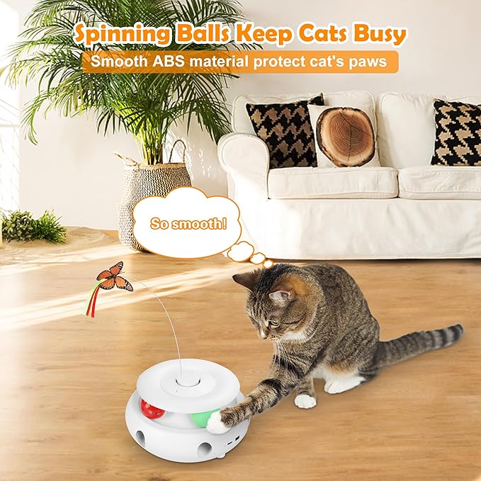 3-in-1 Interactive Cat Toys for Indoor Cats, Automatic 6 Holes Mice Whack-A-Mole, Fluttering Butterfly, Track Balls, USB Rechargeable, Ultra Fun Smart Interactive Kitten Toy (Ivory White)
