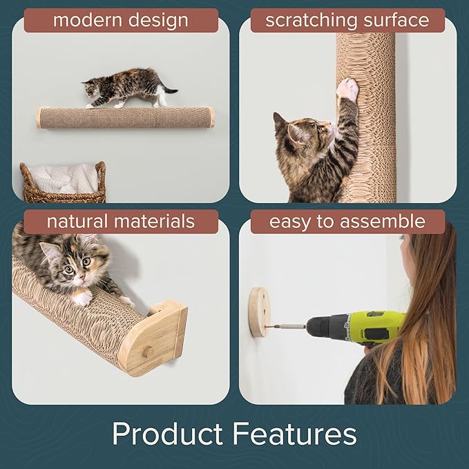 Ascentials - Moonbeam Path - Wall-Mounted Post Corrugate Scratcher, Easy to Install, Modern Design w/Natural Materials