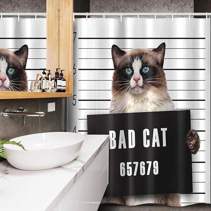 Ambesonne Cat Stall Shower Curtain, Bad Gang Cat in Jail Kitty Under Arrest Criminal Prisoner Hangover Work, Fabric Bathroom Decor Set with Hooks, 54" W x 78" L, Brown Black White