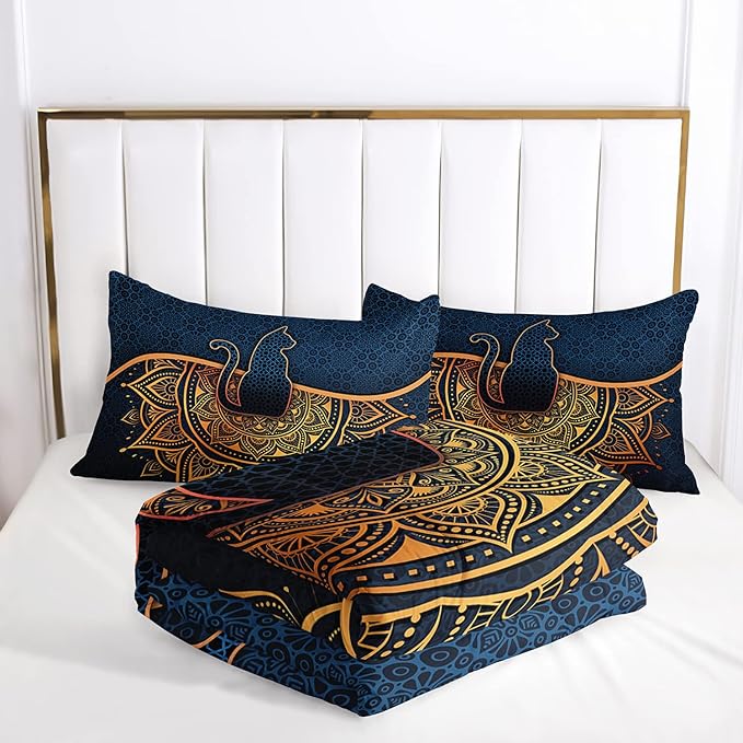 AILONEN Bohemian Cat Comforter Set Queen Size, Blue Black Texture Cat Bedding Set,Boho Duvet Set for Kids Boys Girls Adults Room Decor 3Pcs (1 Comforter + 2 Pillowcases)