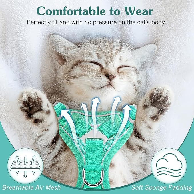 Cat Harness and Leash Set for Walking, Adjustable Kitten Vest Harness with Reflective Strip Breathable Mesh, Escape Proof Soft Pet Safety Vest for Cats, Kittens, Puppies, M, Lake Blue
