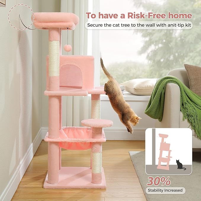 PETEPELA 45.7" Cat Tree for Indoor Cats, 5-Level Cat Tower for Large Cats with Metal Frame Large Hammock (17.3"x15.3"), Cat Condo with (18.5"x13") Big Top Perch & 4 Sisal Covered Scratching Post, Pink