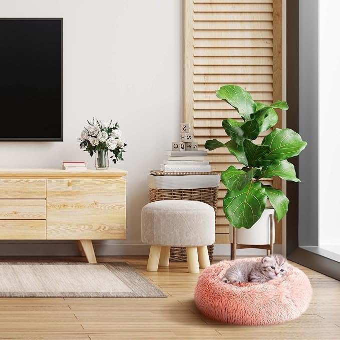 Max & Marlow Long Lush Faux-Fur, Anti-Anxiety Cuddler, Donut Dog & Cat Bed, Non Slip Bottom, Small, Pink