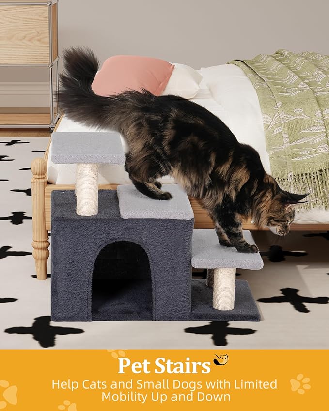 3-in-1 Pet Stairs for Cats, Dog Steps for Small Doggie,7.8'' Depth Cat Stairs,Indoor Cat Ladders for High Bed for Pet's Joints, Soft Plush, 1 Big Cat Condo Cave, Sisal Scratching Posts, Grey, Large