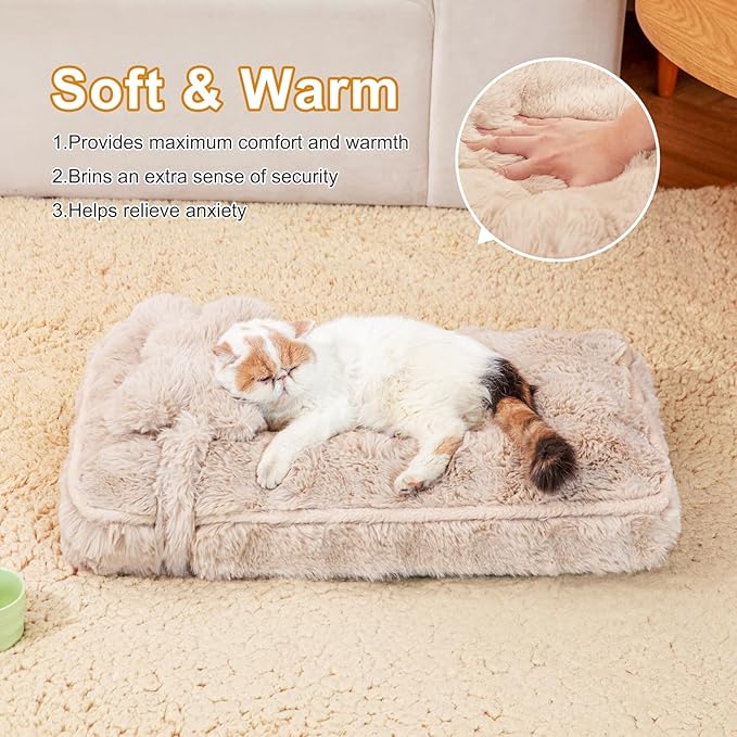 Jiupety Cat Beds for Indoor Cats Calming Pet Beds, Mattress with Pillow for Crate, Anti-Slip Comfy Pet Sleeping Mat. for Cat and Puppies Up to 10 Lbs, S(12"*18"*1.5"), Coffee.