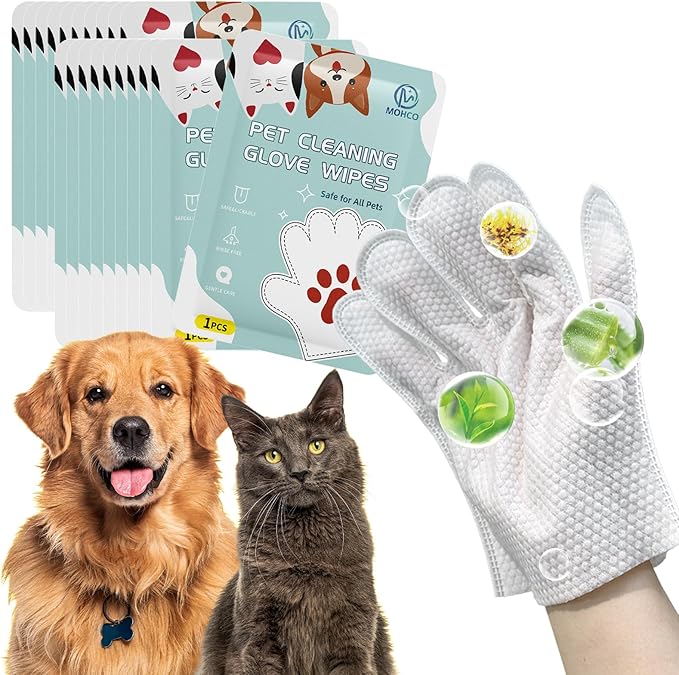 20 Pcs Pet Cleaning Glove Bathing Wipes for Dogs and Cats,No Rinse Cats Gloves Wipes,Pet Wipes for Paws, Butt, Face and Fur,Pet Bathing Gloves Wipes for Daily Care and Traveling