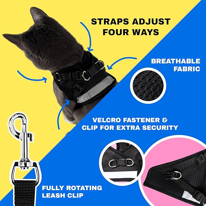 Travel Cat Harness and Leash Set - Adjustable Fit Mesh Cat Harness and Reflective Strap - Comfort Escape Proof Harness for Cats, Kitten for Outdoor Walking, Hiking (Medium, Black)