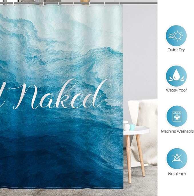 Aimego Get Naked Shower Curtain Gradual Tie Dye Blue Ombre Funny Art Font Theme Shower Curtain Set with 12 Hooks for Bathroom Decor Accessories Bathtub Curtain, 72"x72"