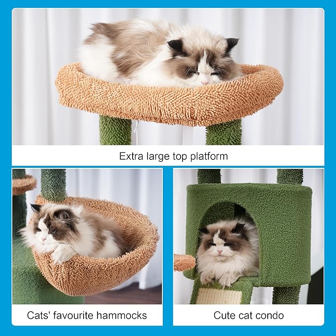 Hey-brother Cat Tree with Scratching Board, Cat Tower with Padded Plush Perch and Cozy Basket, Multi-Platform for Jump, Green and Yellow MPJ005GY
