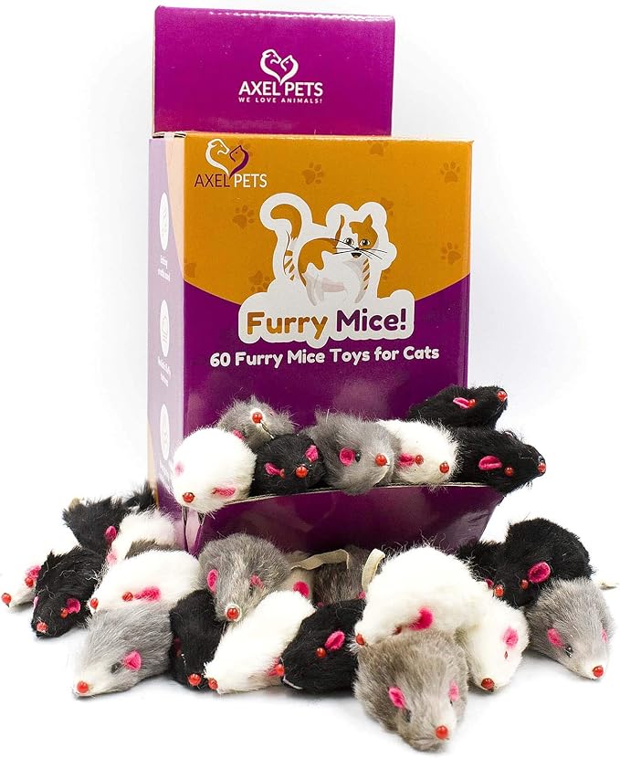 60 Furry Mice with Catnip and Rattle Sound Made of Real Rabbit Fur Interactive Catch Play Mouse Toy for Cat, Box of 60 Mice