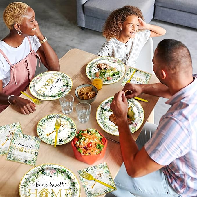 96PCS House Warming Party Decorations Home Sweet Home Tableware Set Rustic Floral Paper Plates Napkins Dinnerware Dessertware Forks Serves 24