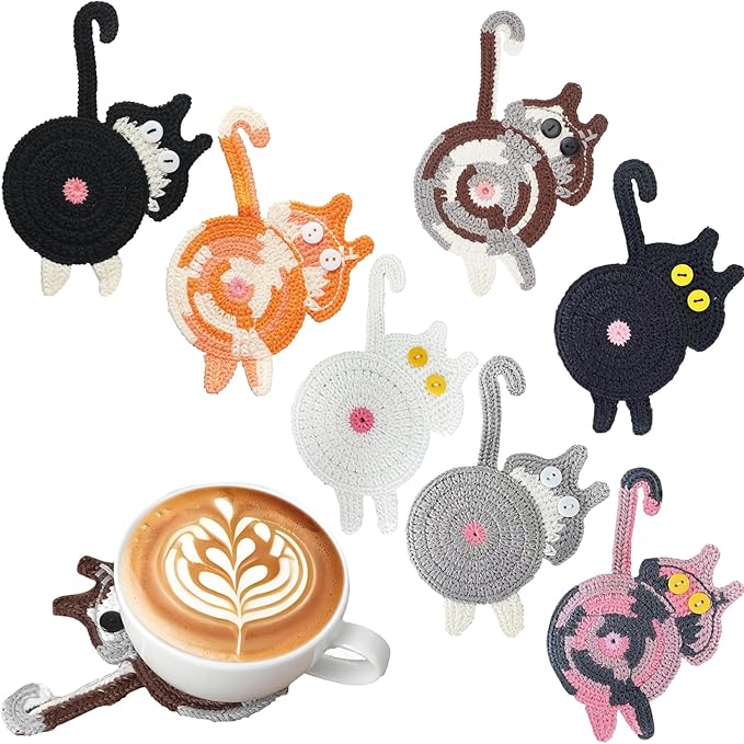 7PCS Drink Coasters - Woven Creative Cute Cat Coasters for Coffee and Tea - Desktop Gifts