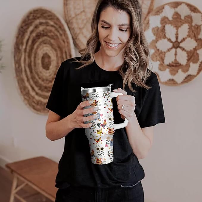40 Oz Chicken Tumbler with Handle and Straw, Double Wall Stainless Steelchicken Mugs, Insulated Rooster Cup Gifts for Chicken Lovers Women, Chicken Travel Mug Chicken Gifts for Women