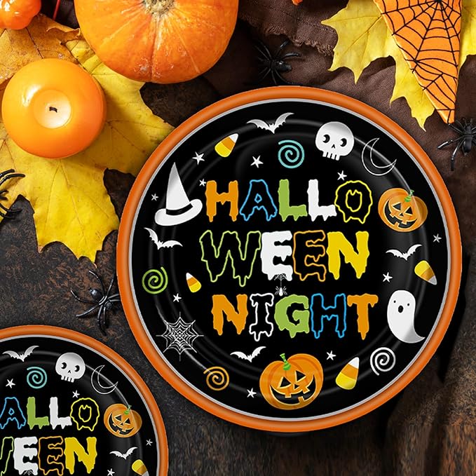 96 Pcs Halloween Paper Plates and Napkins Forks, Disposable Party Dessert Tableware Supplies Decorations Birthday Table Dinnerware Favors Set, Serves 24