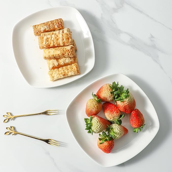 8 Pack Ceramic Appetizer & Dessert Plates, 7 inch White Square Dinner/Salad Plates for Snacks, Side Dishes, Casual Hosting, Dishwasher & Microwave Safe