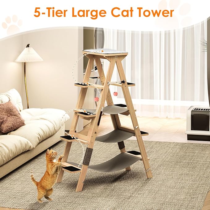5.3 Fts Height Cat Climber 5 Tiers Cat Climbing Shelves with Hammocks - Multi-cat Family Gospel, Luxury Cat Climbing Tree for Cat Exercise and Relaxing, Top Soft Cat Bed for Far-Reaching Views
