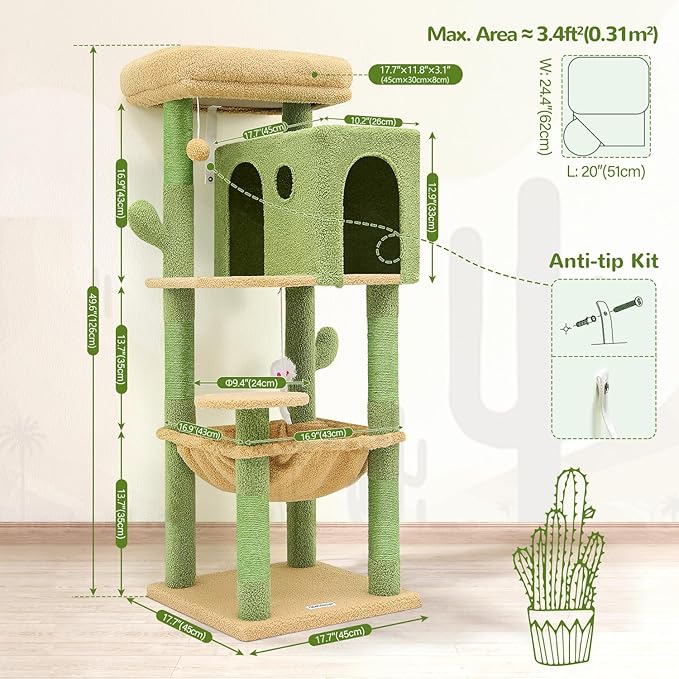 F49C Cactus Cat Tower for Indoor Cats, Cactus Series 49inch Cat Climbing Tower Cat Tree with Hammock, Scratching Post, Large Cat Condo House, Cactus Green