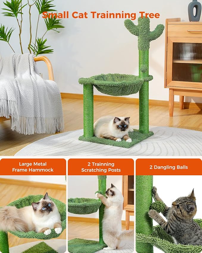 Cat Tree Tower for Kitten with Hammock, Cat Scratching Post for Indoor Medium Cats with Large Perch Dangling Ball and Full Wrapped Natural Sisal Rope Green M