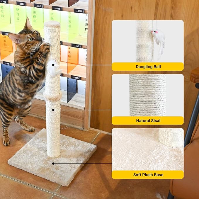 KINGROCK Tall Cat Scratching Posts for Indoor Cats,Cat Scratching Post with Plush Toys for Kittens or Smaller Cats,Premium Sisal Post for Cats at All Ages with Reinforced Stable Base