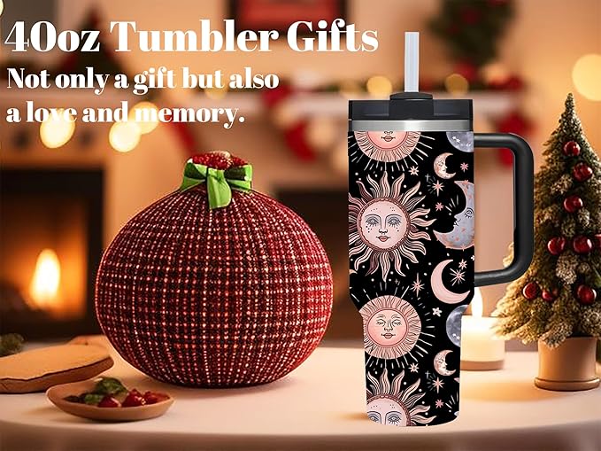 AMZUShome 40 OZ Goth Sun Moon Star Tumbler with Handle.Unique Birthday Christmas Gifts for Goth Lover.Personalized 40 OZ Goth Sun Moon Star Tumbler Gifts for Women Men.