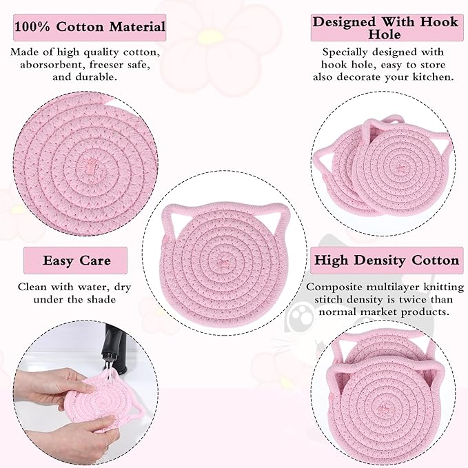 2Pcs Pink Cute Coasters for Desk, Cat Ear Shaped Coasters for Office Hot Tea Drink Juice, Handmade Fabric Table Protect Wooden Table Coffee Bar Decor