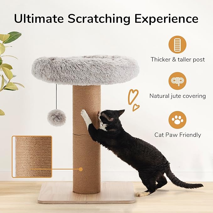 FUKUMARU Cat Scratching Post, 28 Inch Tall Scratcher with Cat Perch for Indoor Adult Cats, 5.5 Inch Width Small Cat Tree with Bed, Cat Tower Furniture for Kittens and Large Cats