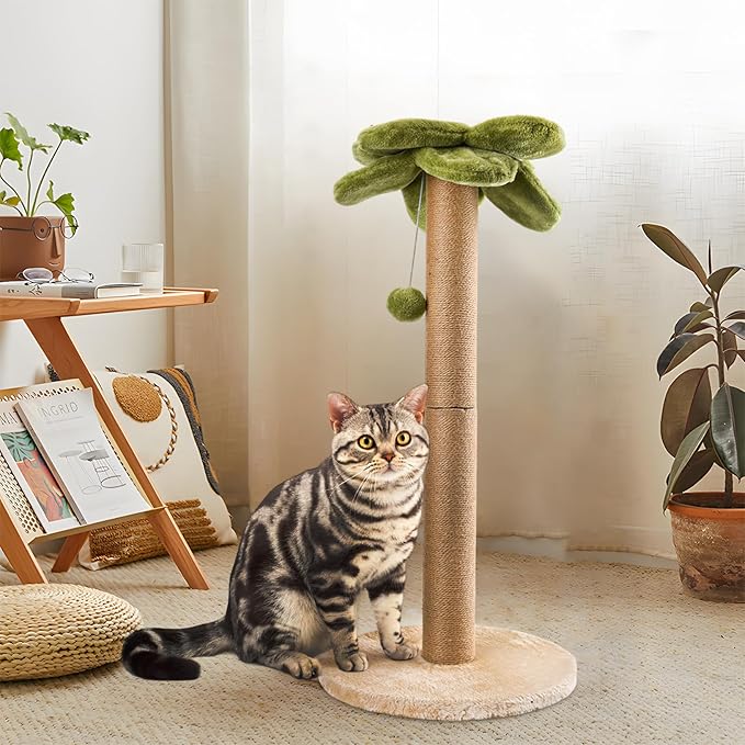 Palm Tree Cat Scratching Post, Sturdy 34 inches Tall Sisal Scratch Post with Interactive Dangling Ball, Cute Cat Scratcher for Indoor Adult Cats