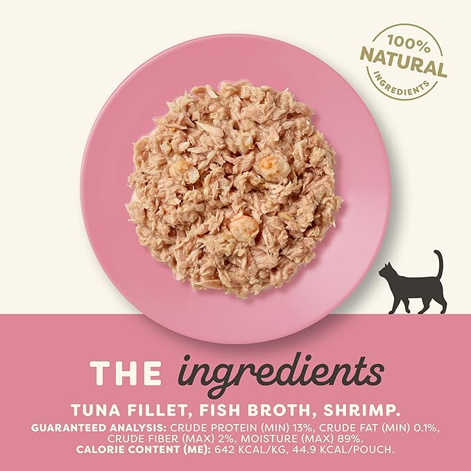 Applaws Natural Wet Cat Food in Broth, Limited Ingredient Wet Cat Food Pouches, No Additives, Made with Natural Ingredients, Tuna with Shrimp in Broth (12 x 2.47oz Pouches)