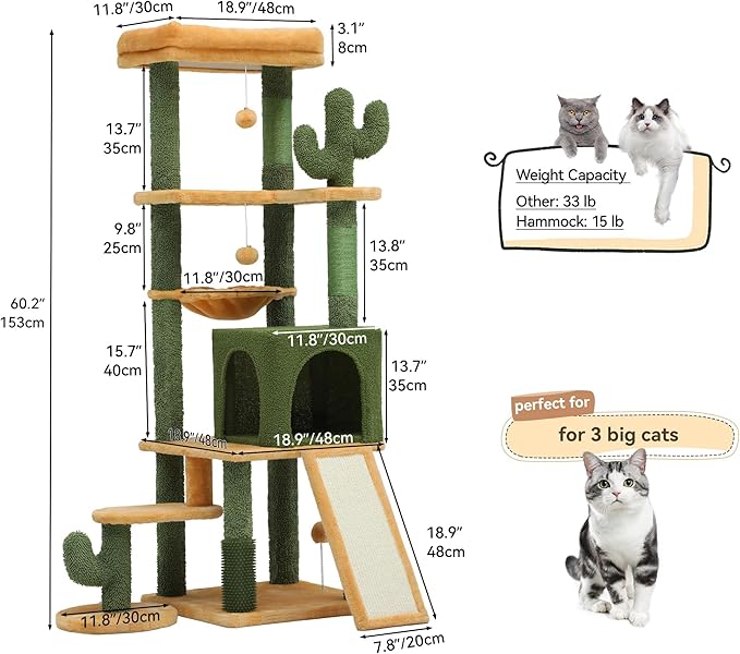 YITAHOME Tall Cactus Cat Tree Tower with Self-Grooming Brush, 60in Cute Cat Climbing Tower for Indoor Cats with Cat Condo, Top Perch, Basktet, Sisal Scratching Posts and Board,Toy Balls