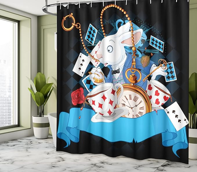 Ambesonne Alice in Wonderland Shower Curtain, Rabbit Motion Cups Hearts and Flower Character Alice Cartoon Style, Cloth Fabric Bathroom Decor Set with Hooks, 69" W x 70" L, Dark Blue Charcoal Grey