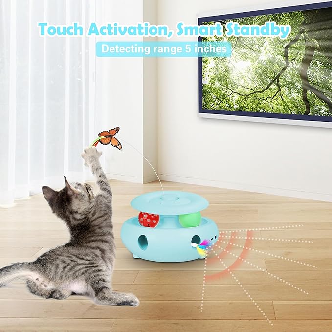 3-in-1 Interactive Cat Toys for Indoor Cats, Automatic 6 Holes Mice Whack-A-Mole, Fluttering Butterfly, Track Balls, USB Rechargeable, Ultra Fun Smart Interactive Kitten Toy (Tiffany Blue)