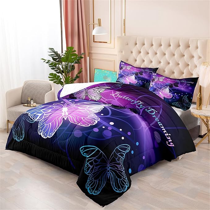 3D Butterfly Comforter Set Full Size for Girls Teens, 3Pcs Purple Animals Pattern Printed Bedding Set for All-Season, Lightweight Soft Breathable Bedroom Fantasy Quilt with 2 Pillowcases