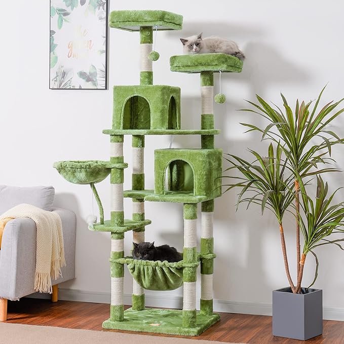 Heybly Cat Tree, 70 inches Tall Cat Tower condo with Toy for Indoor Large Cats, Cat House Furniture with Padded Plush Perch，Cozy Hammock and Sisal Scratching Posts,Green HCT032GR