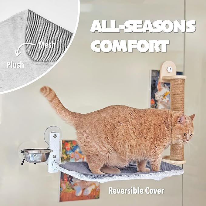 PETKARAY Cat Window Perch, Foldable Cat Hammock for Window, Cat Window Bed for Indoor Cats, Including Cat Bowl and Scratching Post