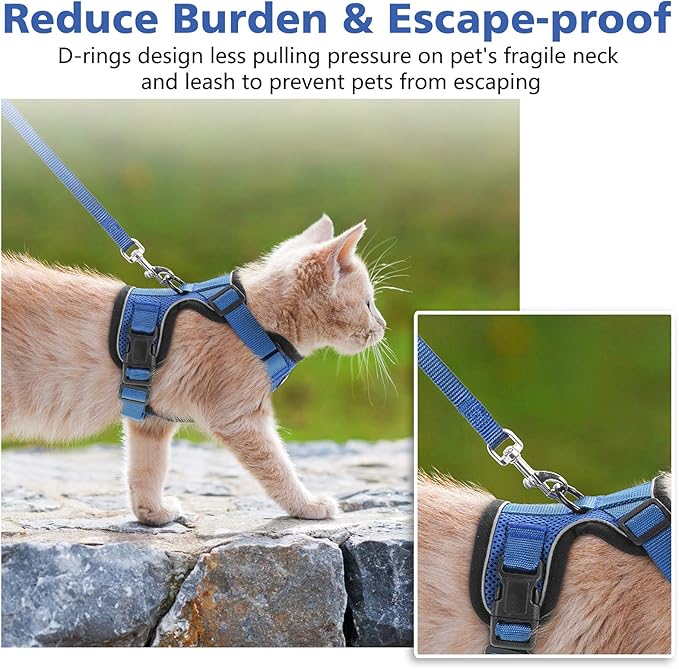 Dooradar Cat Harness and Leash Set, Escape Proof Safe Adjustable Kitten Vest Harnesses for Walking, Easy Control Soft Breathable Mesh Jacket with Reflective Strips for Cats, Blue, S